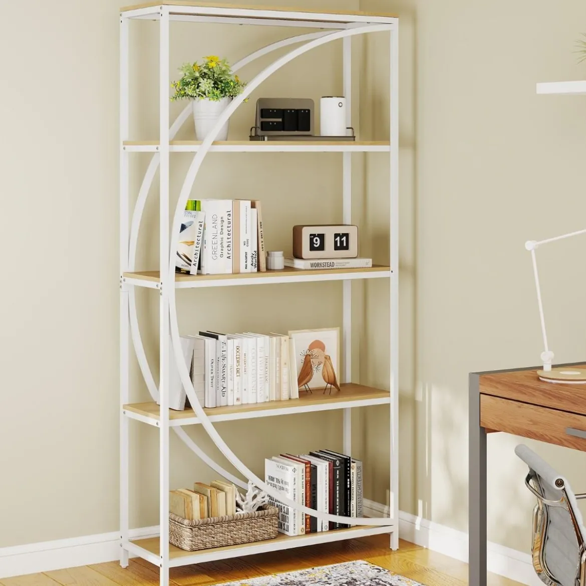Geometrisches Bücherregal mit Offenen Holzregale & Metallrahmen Büroregal Standregal Weiß & Natur