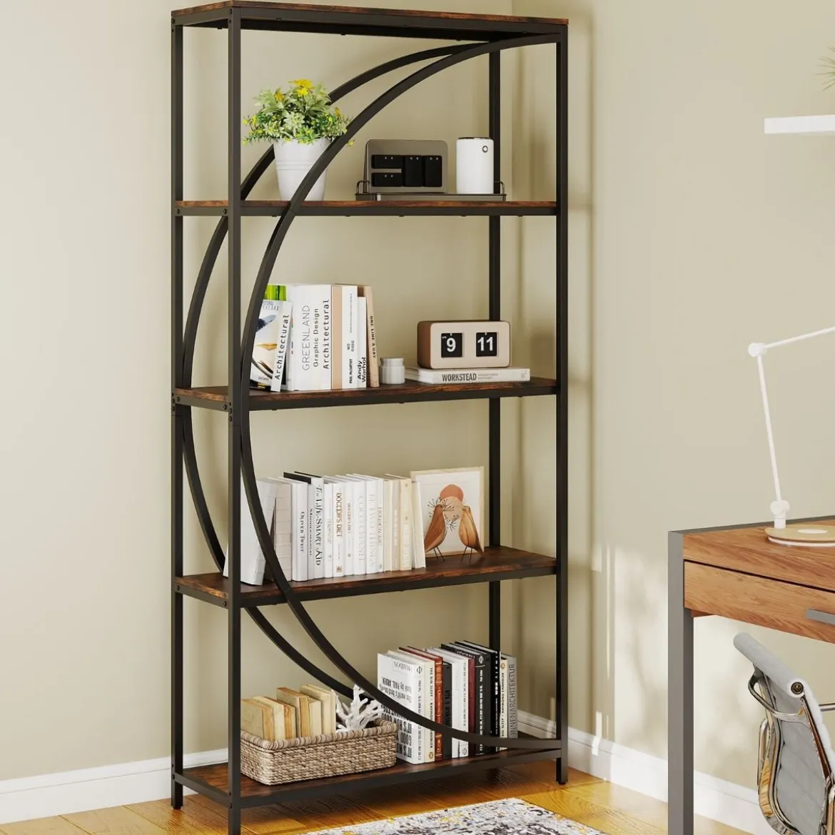 Geometrisches Bücherregal mit Offenen Holzregale & Metallrahmen Büroregal Standregal Braun