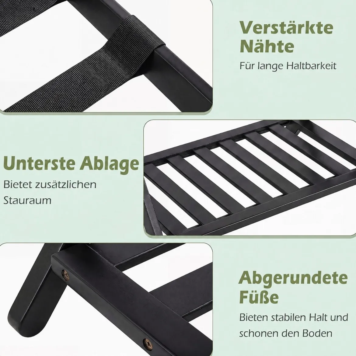 Gepäckablage Bambus Klappbarer Kofferständer mit Ablagefach Gepäckträger 68 x 43 x 57 cm Schwarz