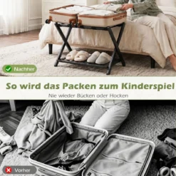 Gepäckablage Bambus Klappbarer Kofferständer mit Ablagefach Gepäckträger 68 x 43 x 57 cm Schwarz