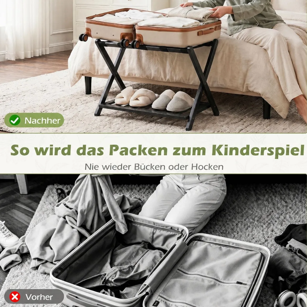 Gepäckablage Bambus Klappbarer Kofferständer mit Ablagefach Gepäckträger 68 x 43 x 57 cm Schwarz
