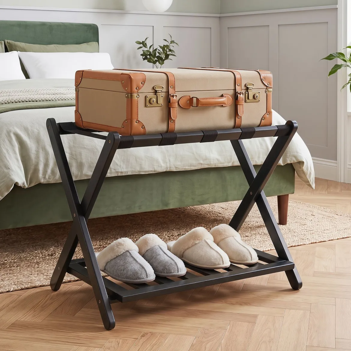 Gepäckablage Bambus Klappbarer Kofferständer mit Ablagefach Gepäckträger 68 x 43 x 57 cm Schwarz