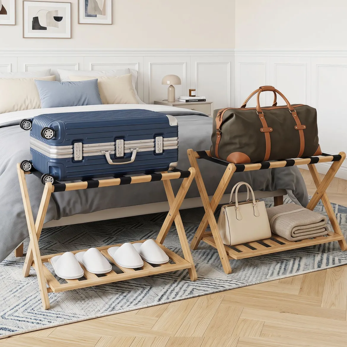 Gepäckablage Bambus Klappbarer Kofferständer mit Ablagefach Gepäckträger 68 x 43 x 57 cm Natur