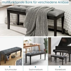Gepolsterte Esszimmerbank aus Massivholz mit bequemer gepolsterter Sitzfläche & Holzbeinen Mehrzweckbank Grau
