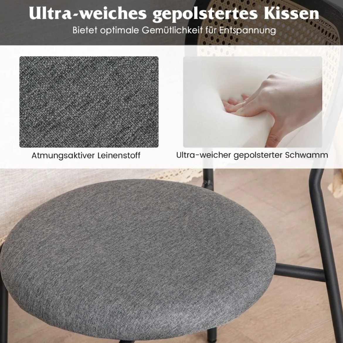 2 gepolsterte Esszimmerstühle mit Metallbeinen Rückenlehne aus Netzgeflecht & gepolstertem Leinenstoff Schwarz