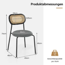 2 gepolsterte Esszimmerstühle mit Metallbeinen Rückenlehne aus Netzgeflecht & gepolstertem Leinenstoff Schwarz