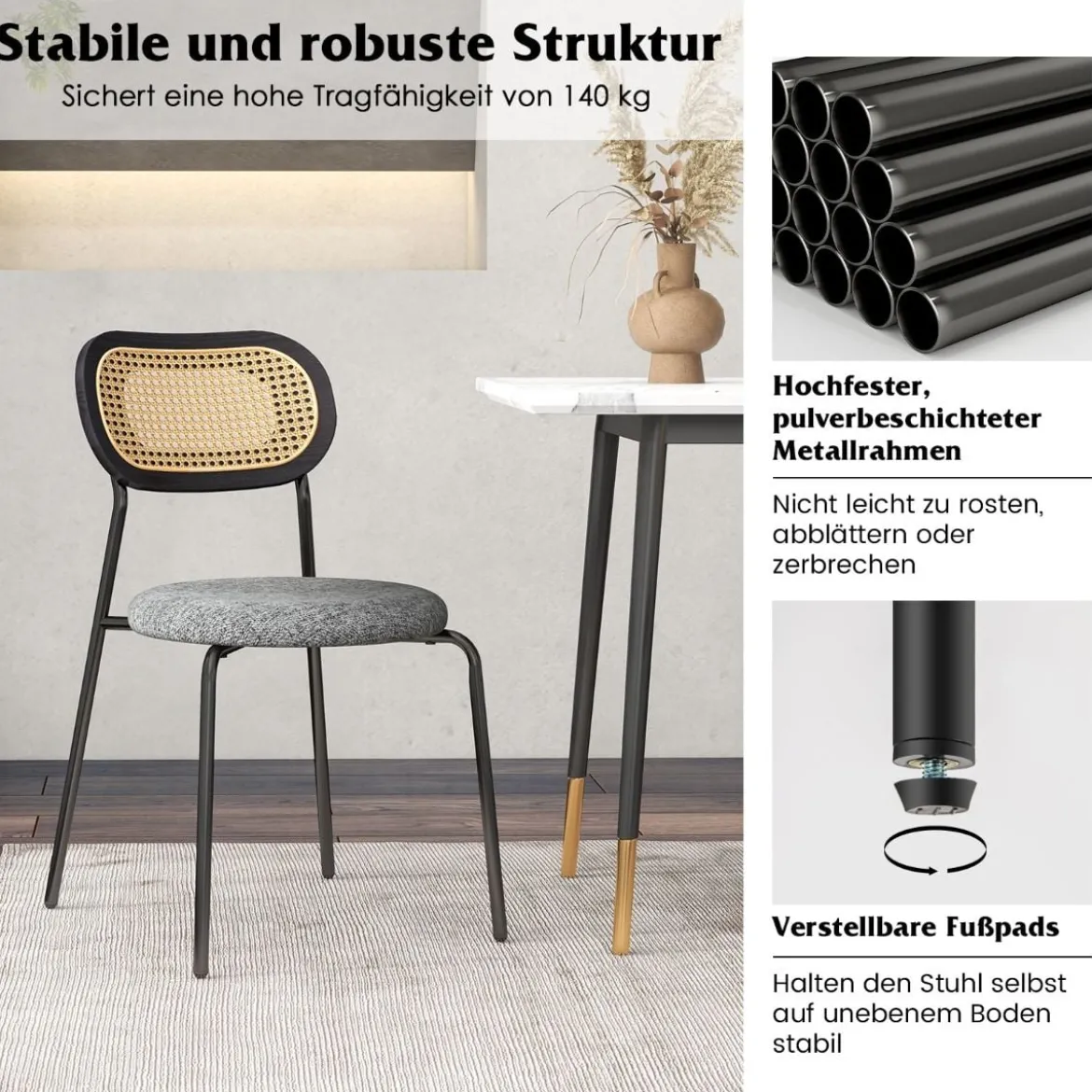 2 gepolsterte Esszimmerstühle mit Metallbeinen Rückenlehne aus Netzgeflecht & gepolstertem Leinenstoff Schwarz