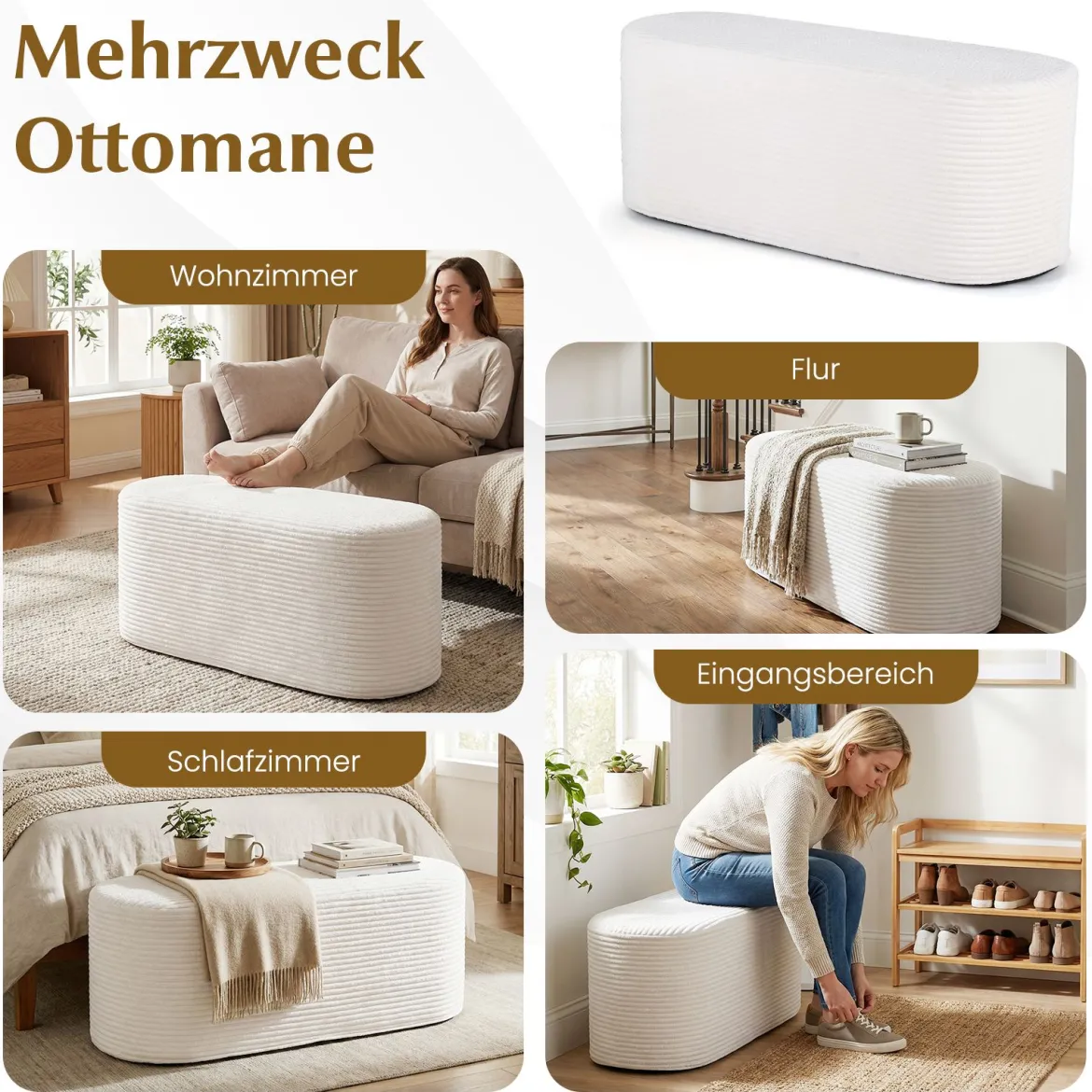 Gepolsterte Ottomane Bank 120 cm Moderner Hocker am Fußende des Bettes mit Cordstoff & Hochdichtem Schaumstoff Beige