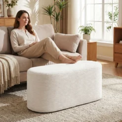 Gepolsterte Ottomane Bank 120 cm Moderner Hocker am Fußende des Bettes mit Cordstoff & Hochdichtem Schaumstoff Beige