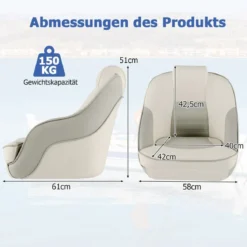 Gepolsterter Bootssitz mit Wasserdichtem PVC-Leder & Dicker Schwammpolsterung Bootsstuhl Weiß