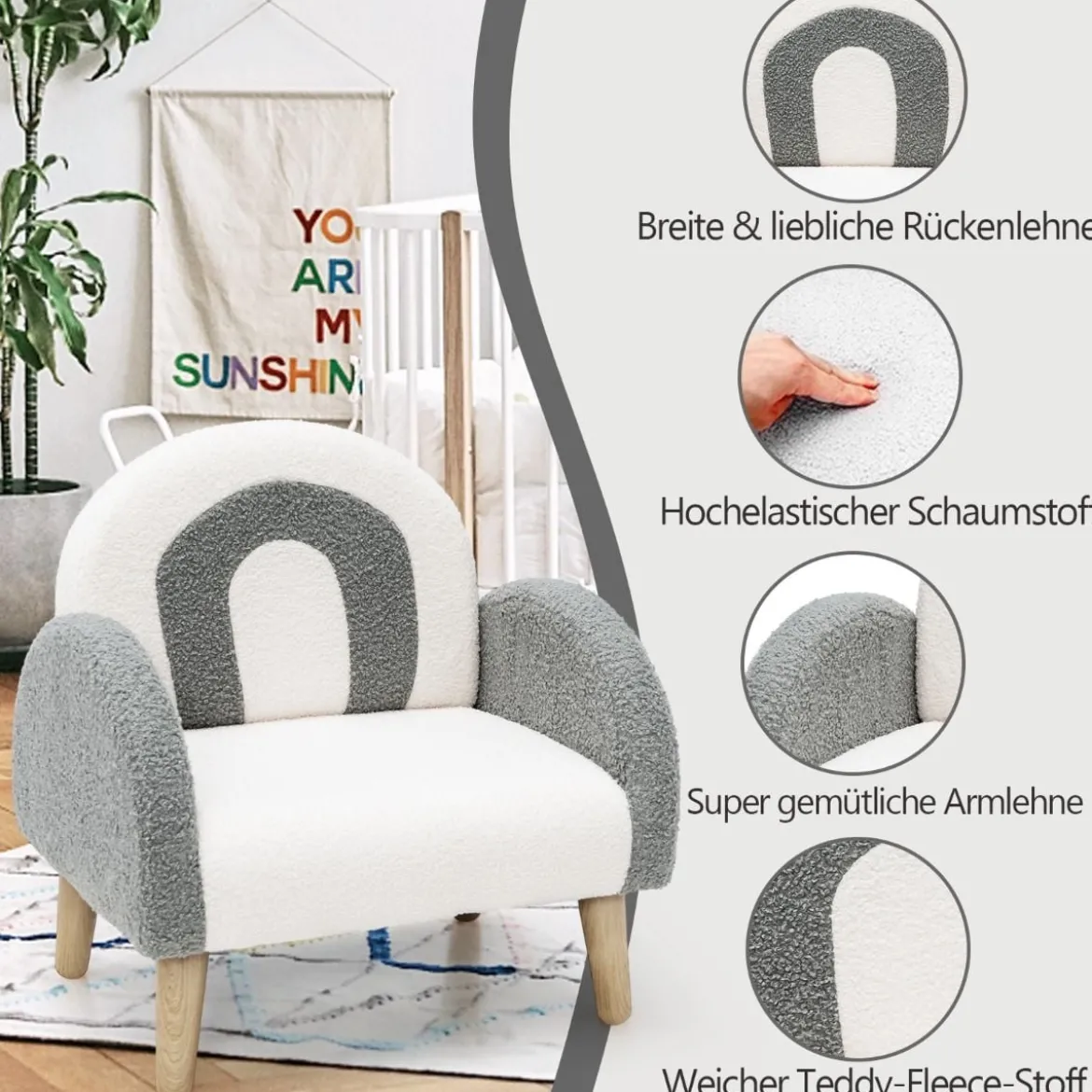 Gepolsterter Kindersofa mit Massivholzbeinen Kindersessel Grau