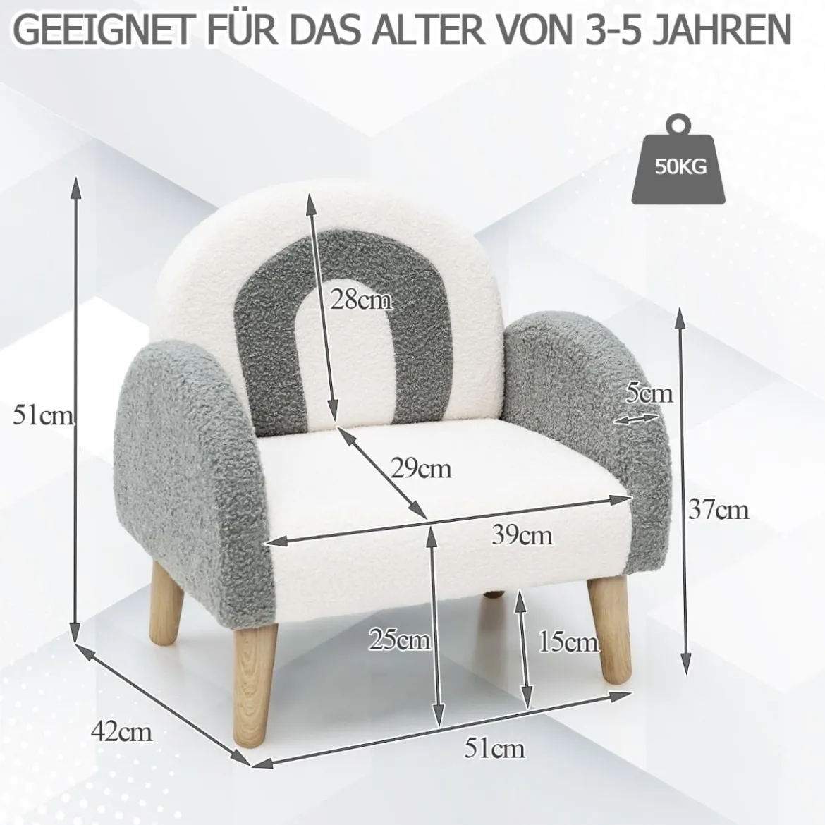 Gepolsterter Kindersofa mit Massivholzbeinen Kindersessel Grau