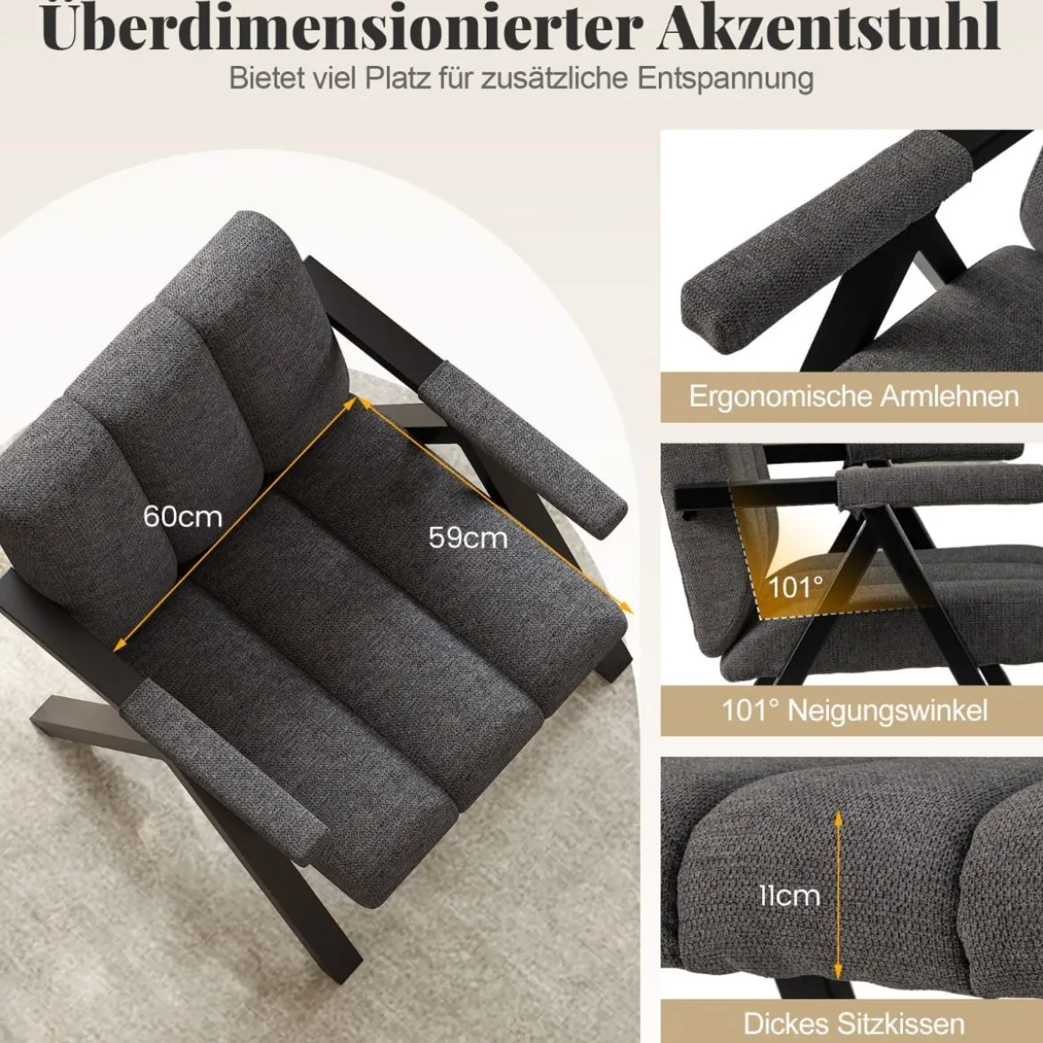 Gepolsterter Loungesessel mit Armlehnen& Metallrahmen Sessel Modern Sofastuhl Relaxsessel Grau