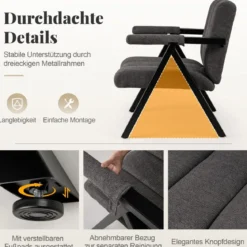 Gepolsterter Loungesessel mit Armlehnen& Metallrahmen Sessel Modern Sofastuhl Relaxsessel Grau
