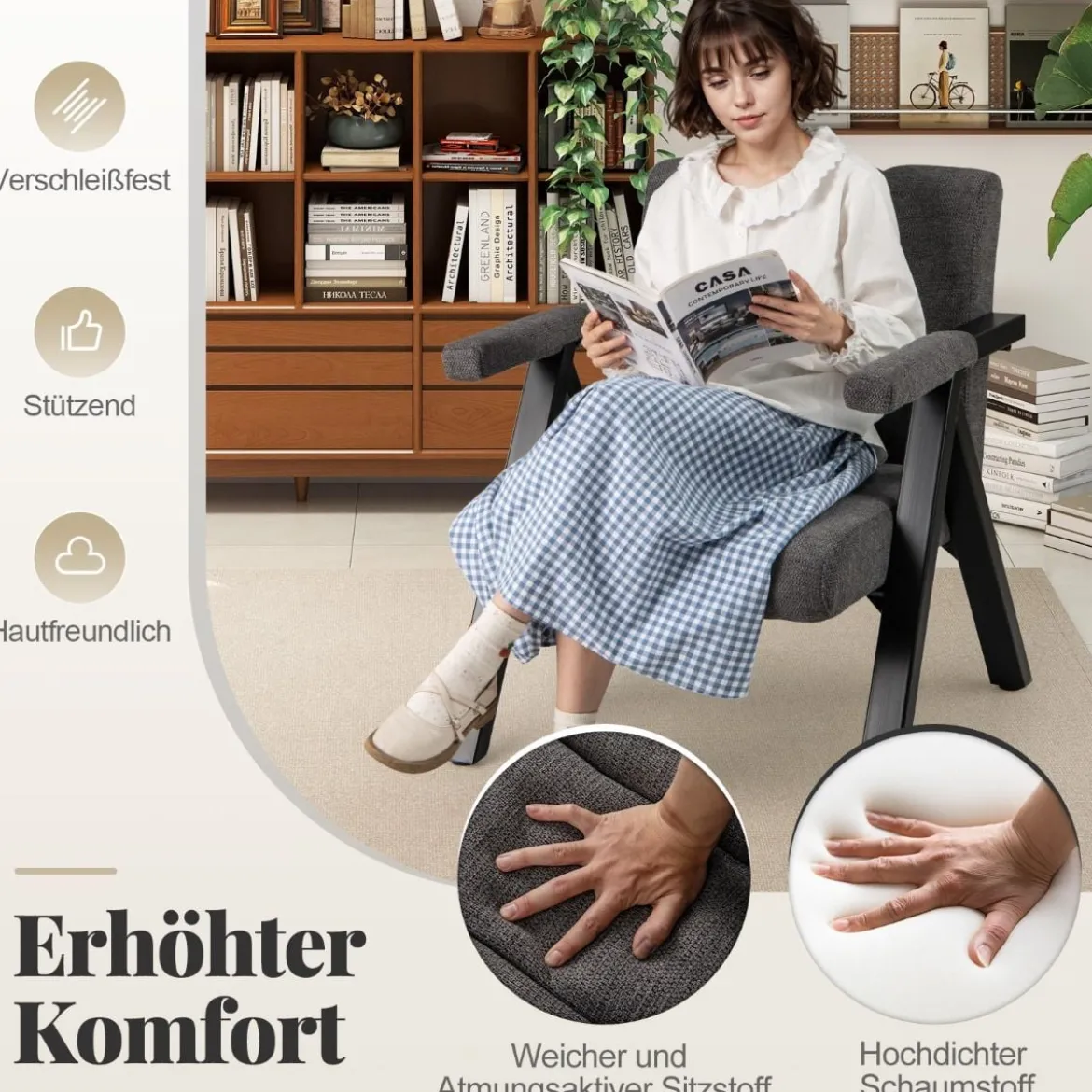Gepolsterter Loungesessel mit Armlehnen& Metallrahmen Sessel Modern Sofastuhl Relaxsessel Grau