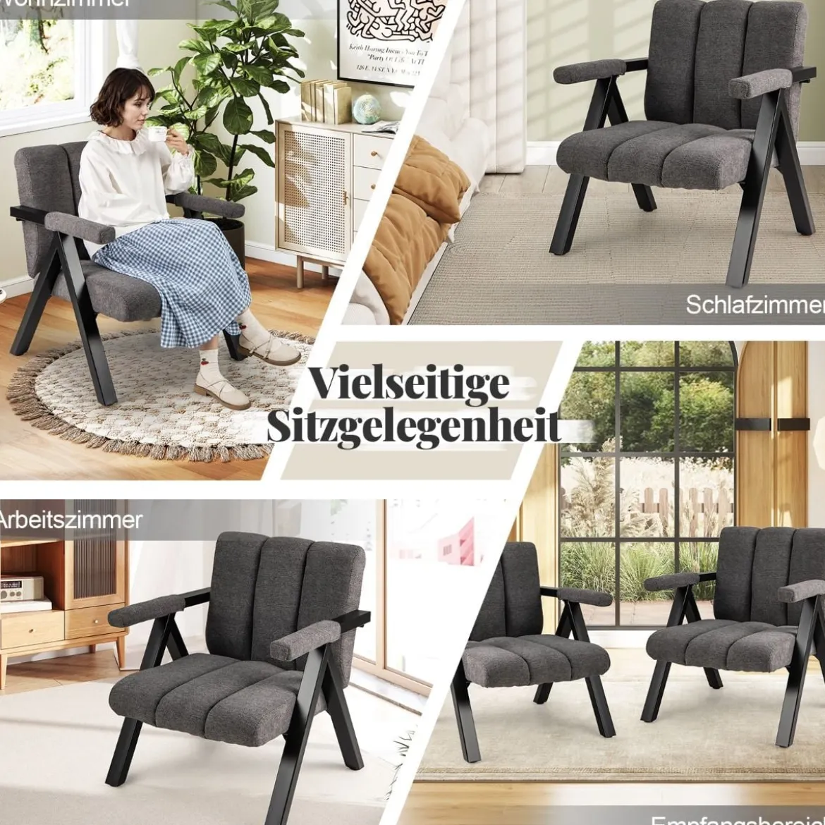 Gepolsterter Loungesessel mit Armlehnen& Metallrahmen Sessel Modern Sofastuhl Relaxsessel Grau