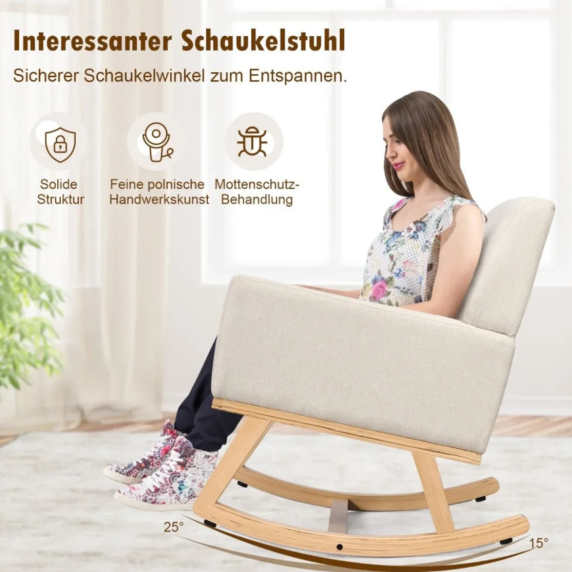 Gepolsterter Schaukelsessel aus Massivholz Schaukelstuhl Schwingsessel Relaxstuhl Beige