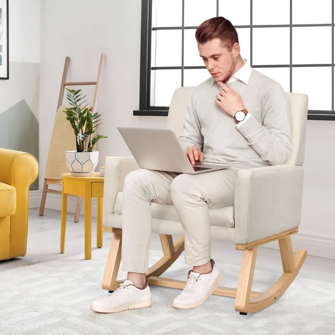 Gepolsterter Schaukelsessel aus Massivholz Schaukelstuhl Schwingsessel Relaxstuhl Beige