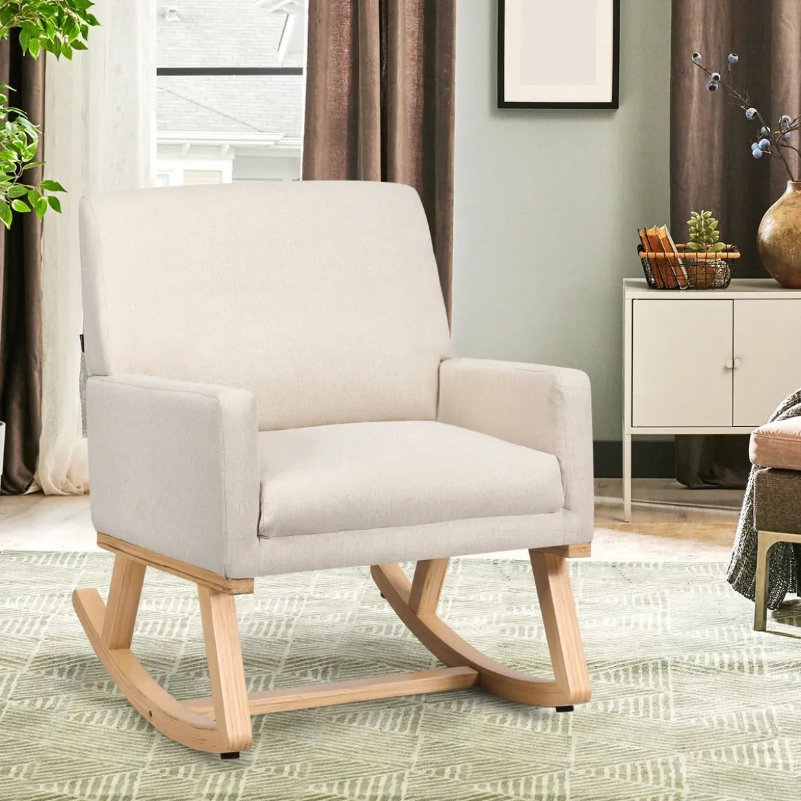 Gepolsterter Schaukelsessel aus Massivholz Schaukelstuhl Schwingsessel Relaxstuhl Beige