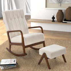Gepolsterter Schaukelstuhl mit Hocker & Kissen Schaukelsessel mit Holzrahmen Beige
