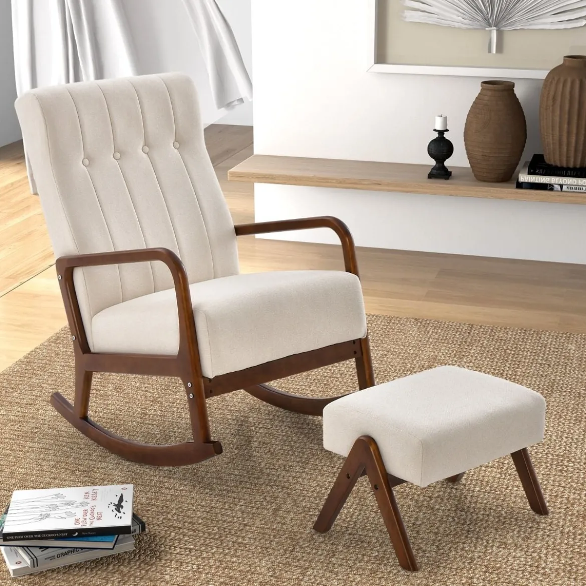 Gepolsterter Schaukelstuhl mit Hocker & Kissen Schaukelsessel mit Holzrahmen Beige