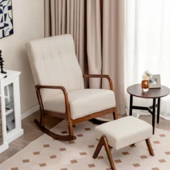 Gepolsterter Schaukelstuhl mit Hocker & Kissen Schaukelsessel mit Holzrahmen Beige