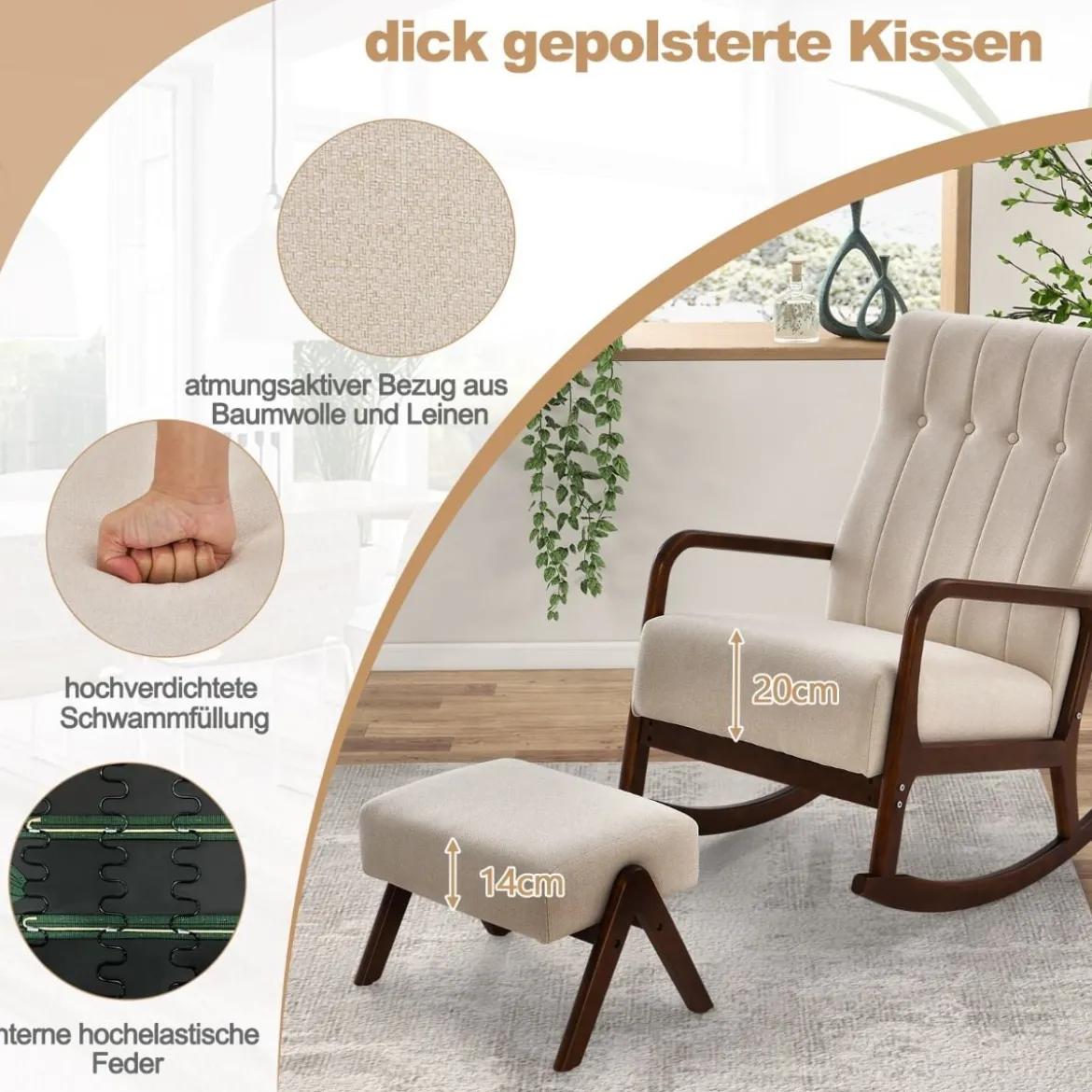 Gepolsterter Schaukelstuhl mit Hocker & Kissen Schaukelsessel mit Holzrahmen Beige