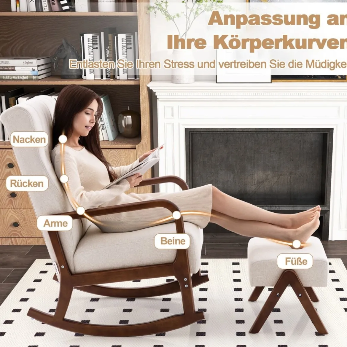 Gepolsterter Schaukelstuhl mit Hocker & Kissen Schaukelsessel mit Holzrahmen Beige