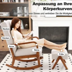 Gepolsterter Schaukelstuhl mit Hocker & Kissen Schaukelsessel mit Holzrahmen Grau