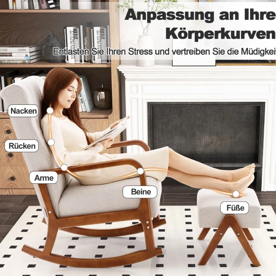 Gepolsterter Schaukelstuhl mit Hocker & Kissen Schaukelsessel mit Holzrahmen Grau