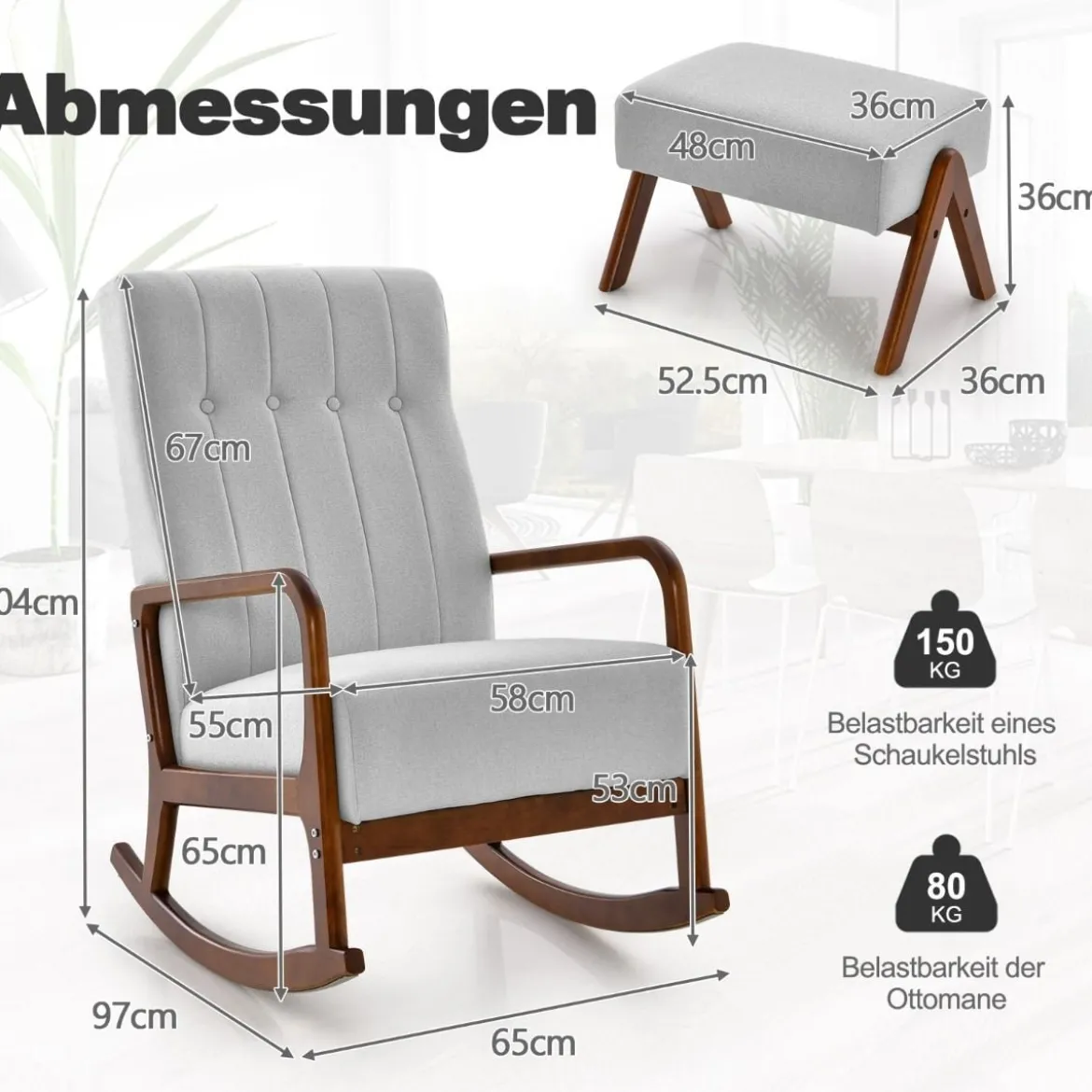 Gepolsterter Schaukelstuhl mit Hocker & Kissen Schaukelsessel mit Holzrahmen Grau