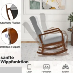 Gepolsterter Schaukelstuhl mit Hocker & Kissen Schaukelsessel mit Holzrahmen Grau