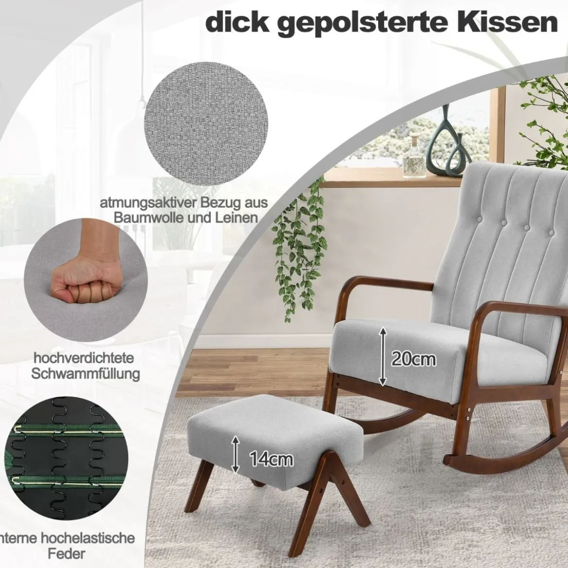 Gepolsterter Schaukelstuhl mit Hocker & Kissen Schaukelsessel mit Holzrahmen Grau