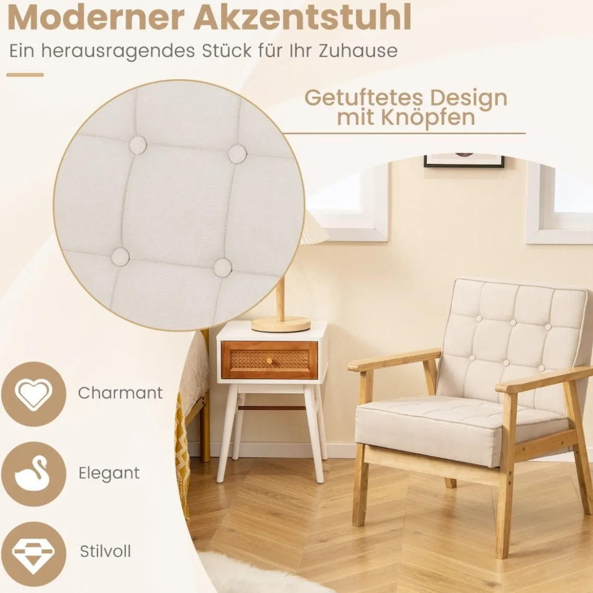 Gepolsterter Sessel mit Armlehnen & Atmungsaktivem Polyestergewebe Akzentstuhl Beige