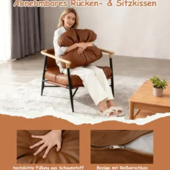 Gepolsterter Sessel mit Armlehnen Loungesessel mit Abnehmbarem Rückenkissen Relaxsessel Braun