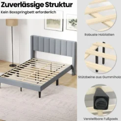 Gepolstertes Doppelbettgestell für 200 x 140 cm Matratze Plattformbett mit Kopfteil Bettgestell Grau