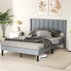 Gepolstertes Doppelbettgestell für 200 x 140 cm Matratze Plattformbett mit Kopfteil Bettgestell Grau