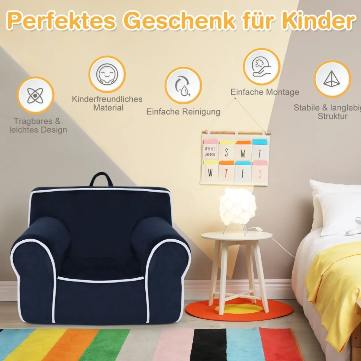 Gepolstertes Kindersofa mit Schaumstofffüllung & Armlehne & Handgriff 68 x 46 x 50 cm Marineblau