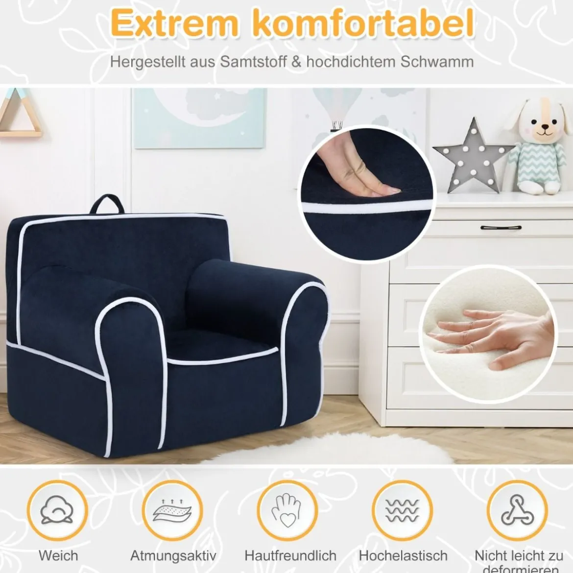 Gepolstertes Kindersofa mit Schaumstofffüllung & Armlehne & Handgriff 68 x 46 x 50 cm Marineblau