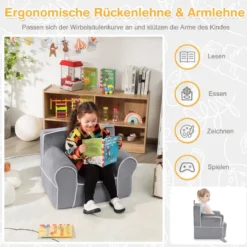 Gepolstertes Kindersofa mit Schaumstofffüllung & Armlehne & Handgriff 68 x 46 x 50 cm Grau