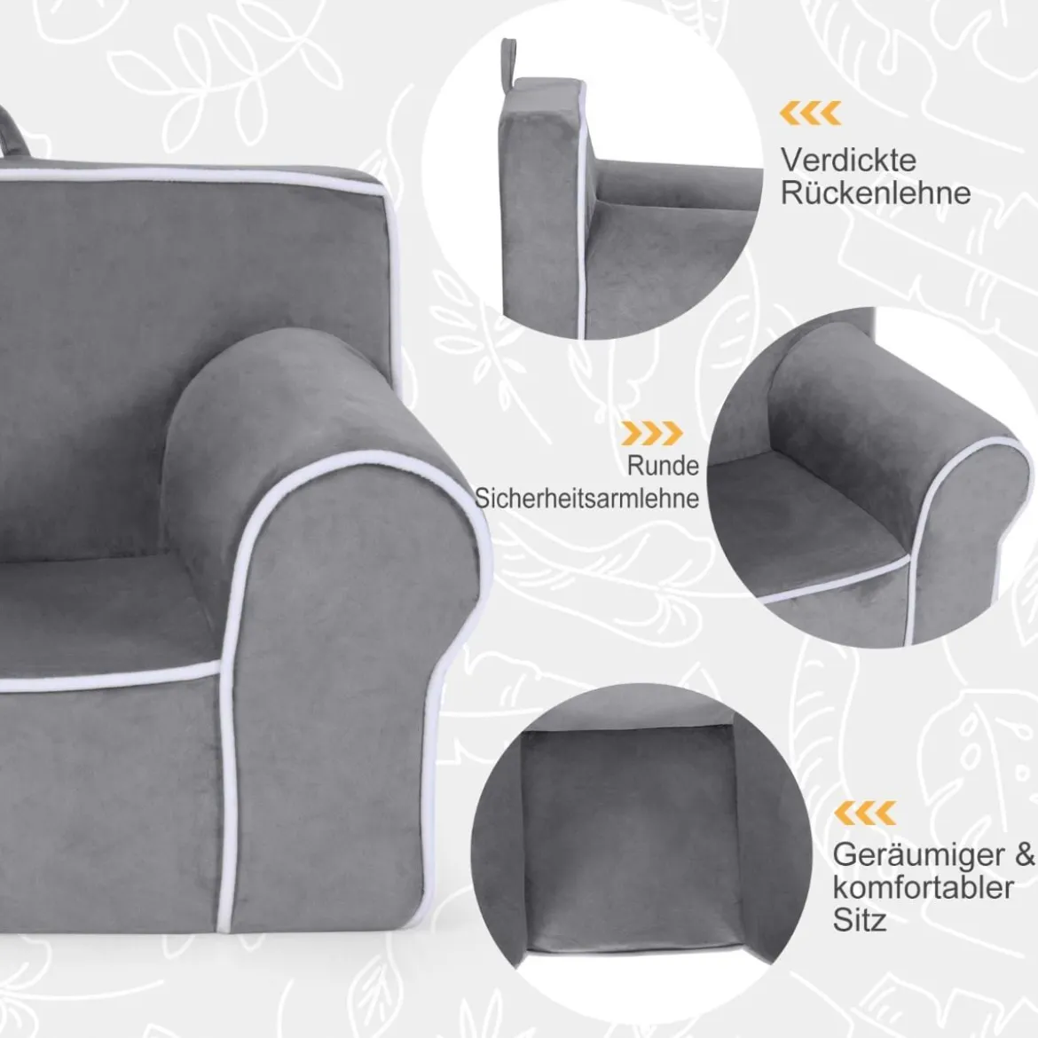 Gepolstertes Kindersofa mit Schaumstofffüllung & Armlehne & Handgriff 68 x 46 x 50 cm Grau
