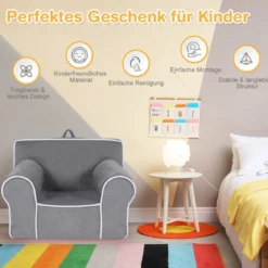Gepolstertes Kindersofa mit Schaumstofffüllung & Armlehne & Handgriff 68 x 46 x 50 cm Grau