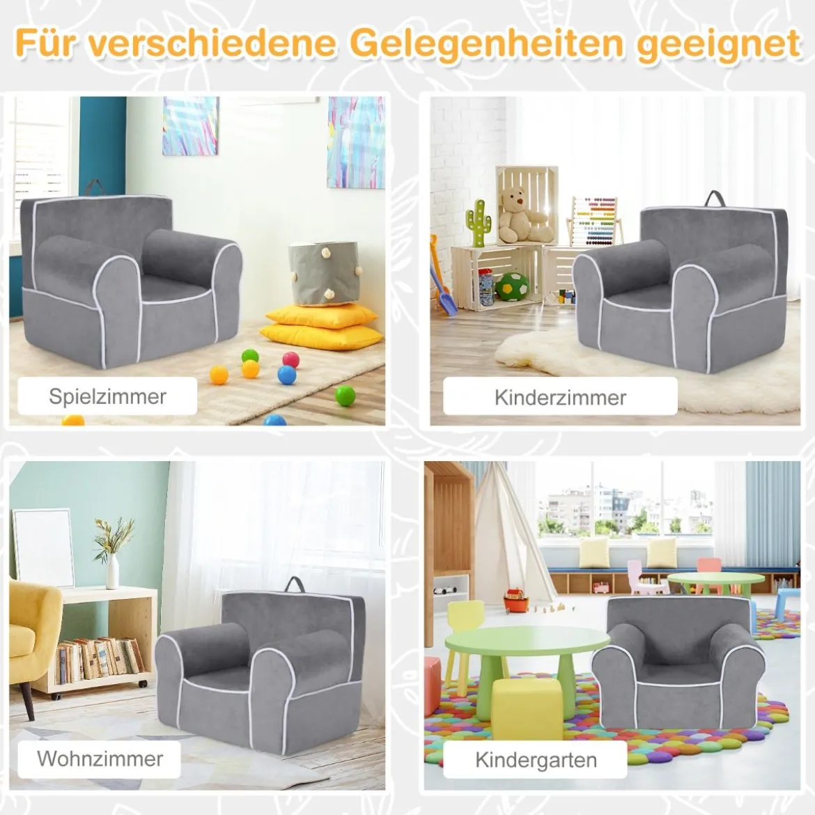 Gepolstertes Kindersofa mit Schaumstofffüllung & Armlehne & Handgriff 68 x 46 x 50 cm Grau