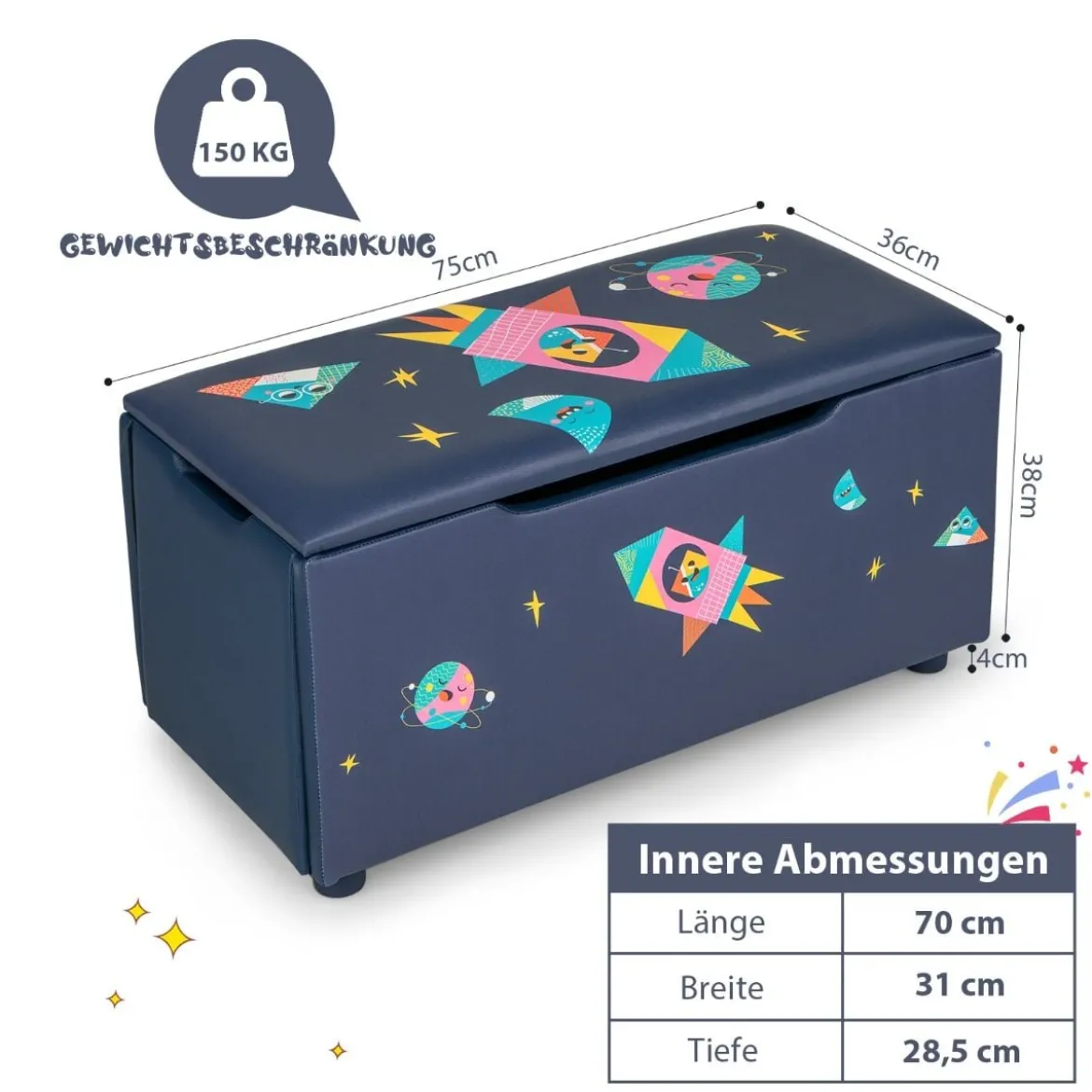Gepolsterte Spielzeugkiste mit Abnehmbarem Deckel & Raketen 75 x 36 x 38 cm Marineblau