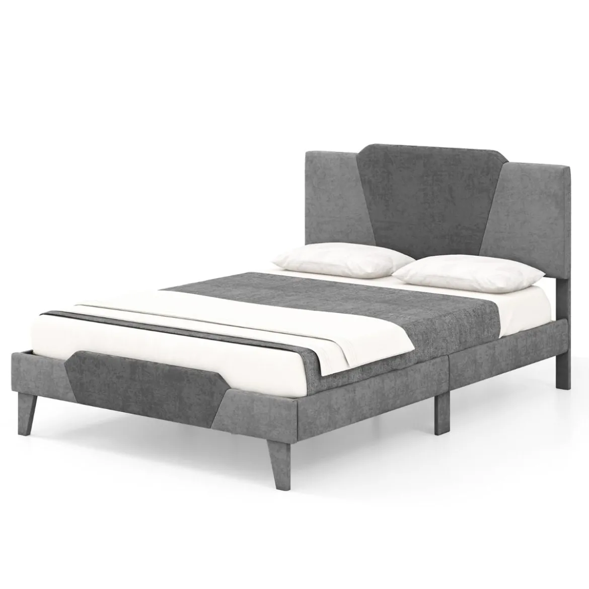Gepolstertes Plattformbett in Doppelbettgröße Samt-Bettrahmen mit Kopfteil Bettgestell aus massiven Holzlatten 140 x 200 cm Grau