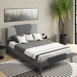 Gepolstertes Plattformbett in Doppelbettgröße Samt-Bettrahmen mit Kopfteil Bettgestell aus massiven Holzlatten 140 x 200 cm Grau
