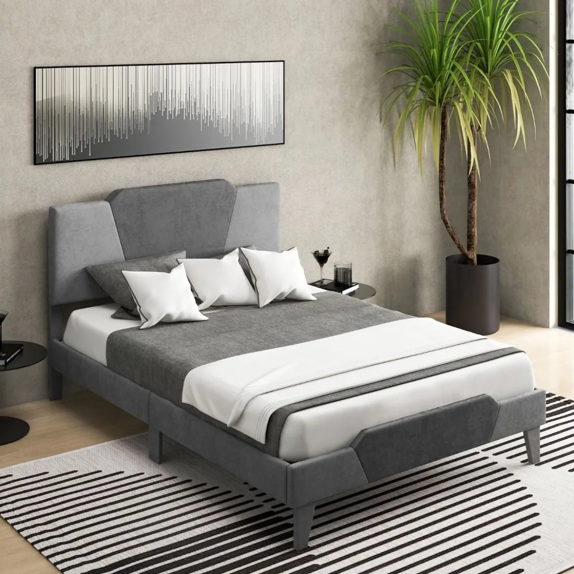Gepolstertes Plattformbett in Doppelbettgröße Samt-Bettrahmen mit Kopfteil Bettgestell aus massiven Holzlatten 140 x 200 cm Grau