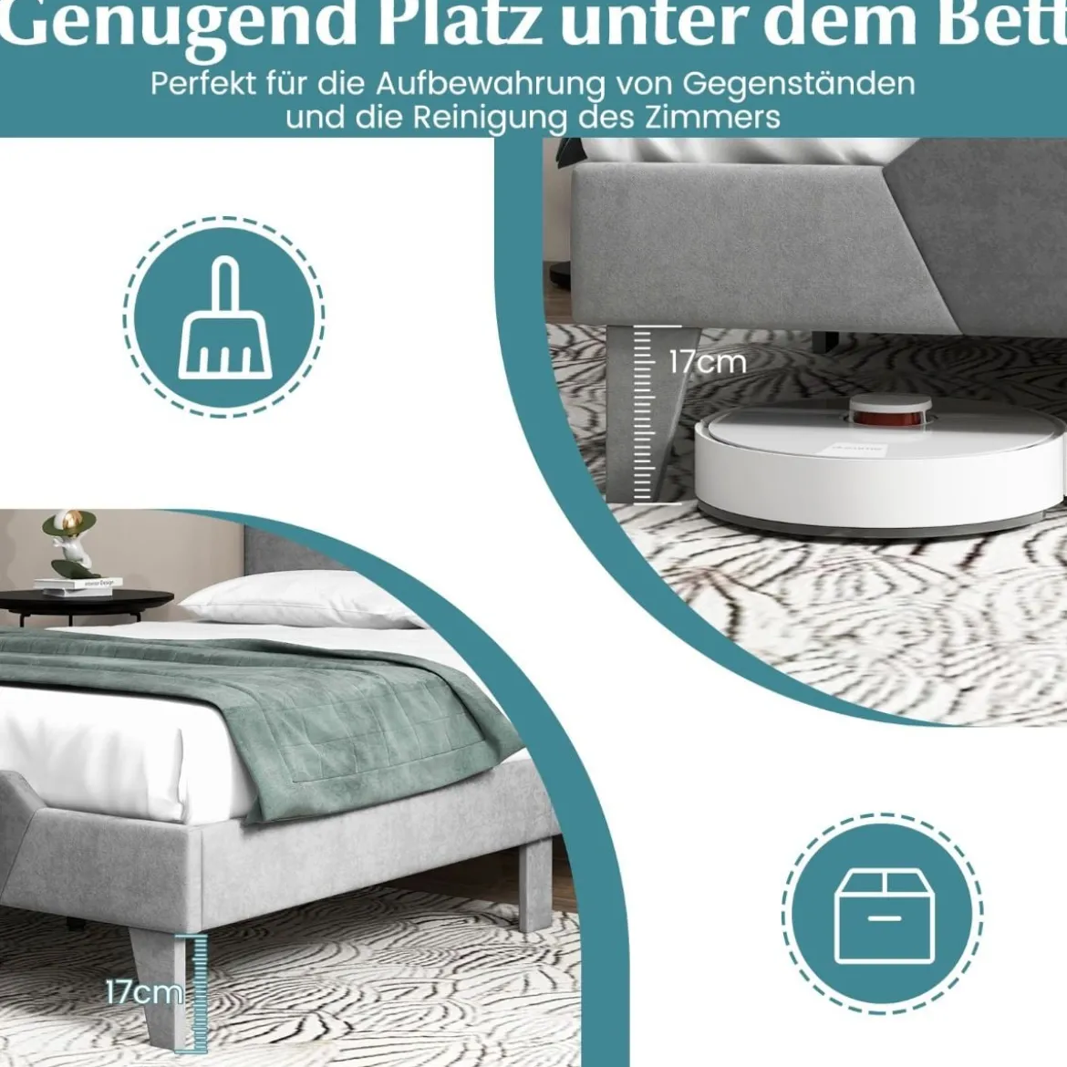 Gepolstertes Plattformbett in Doppelbettgröße Samt-Bettrahmen mit Kopfteil Bettgestell aus massiven Holzlatten 140 x 200 cm Grau