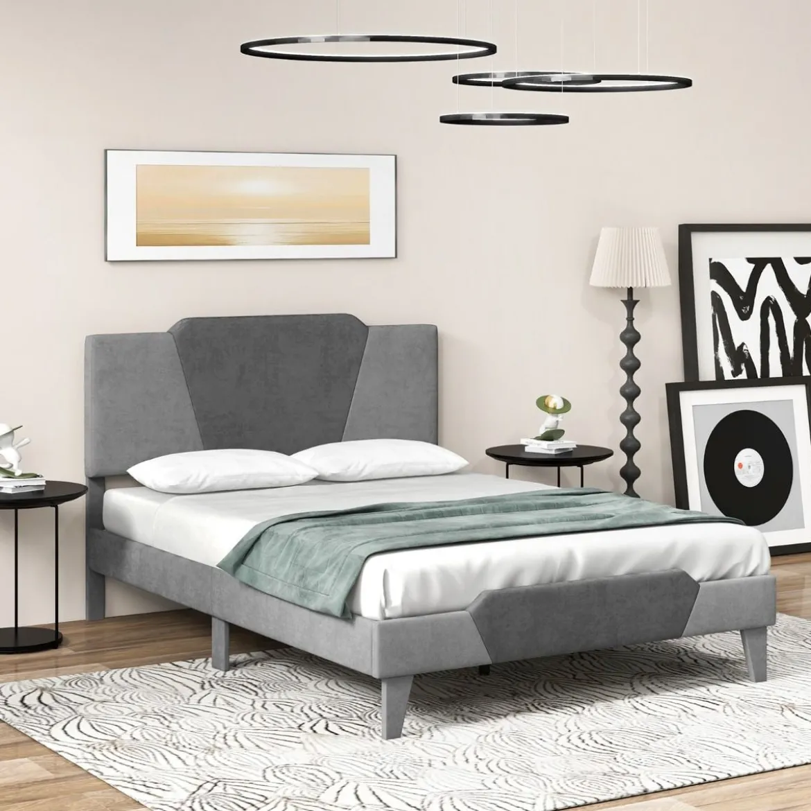 Gepolstertes Plattformbett in Doppelbettgröße Samt-Bettrahmen mit Kopfteil Bettgestell aus massiven Holzlatten 140 x 200 cm Grau