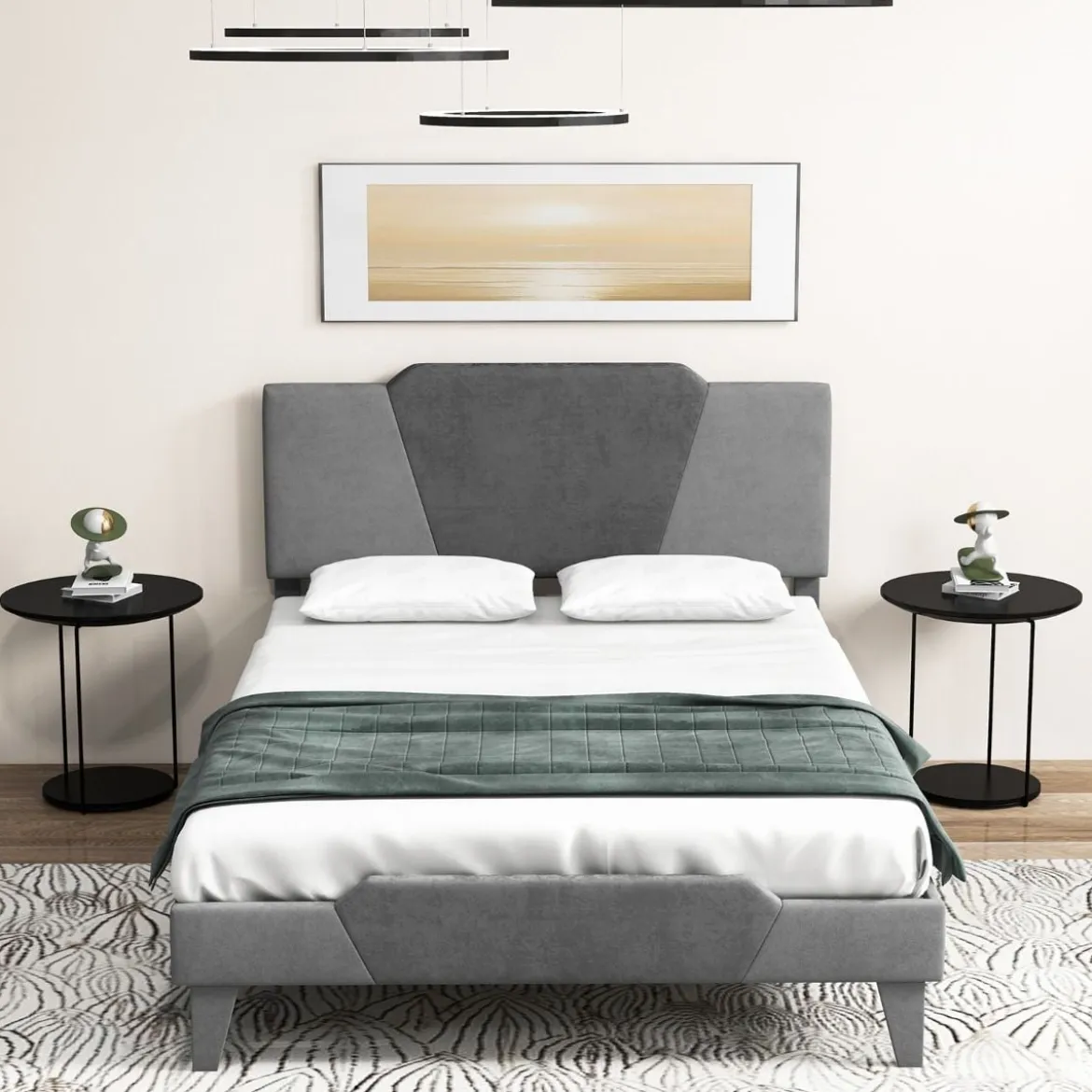 Gepolstertes Plattformbett in Doppelbettgröße Samt-Bettrahmen mit Kopfteil Bettgestell aus massiven Holzlatten 140 x 200 cm Grau